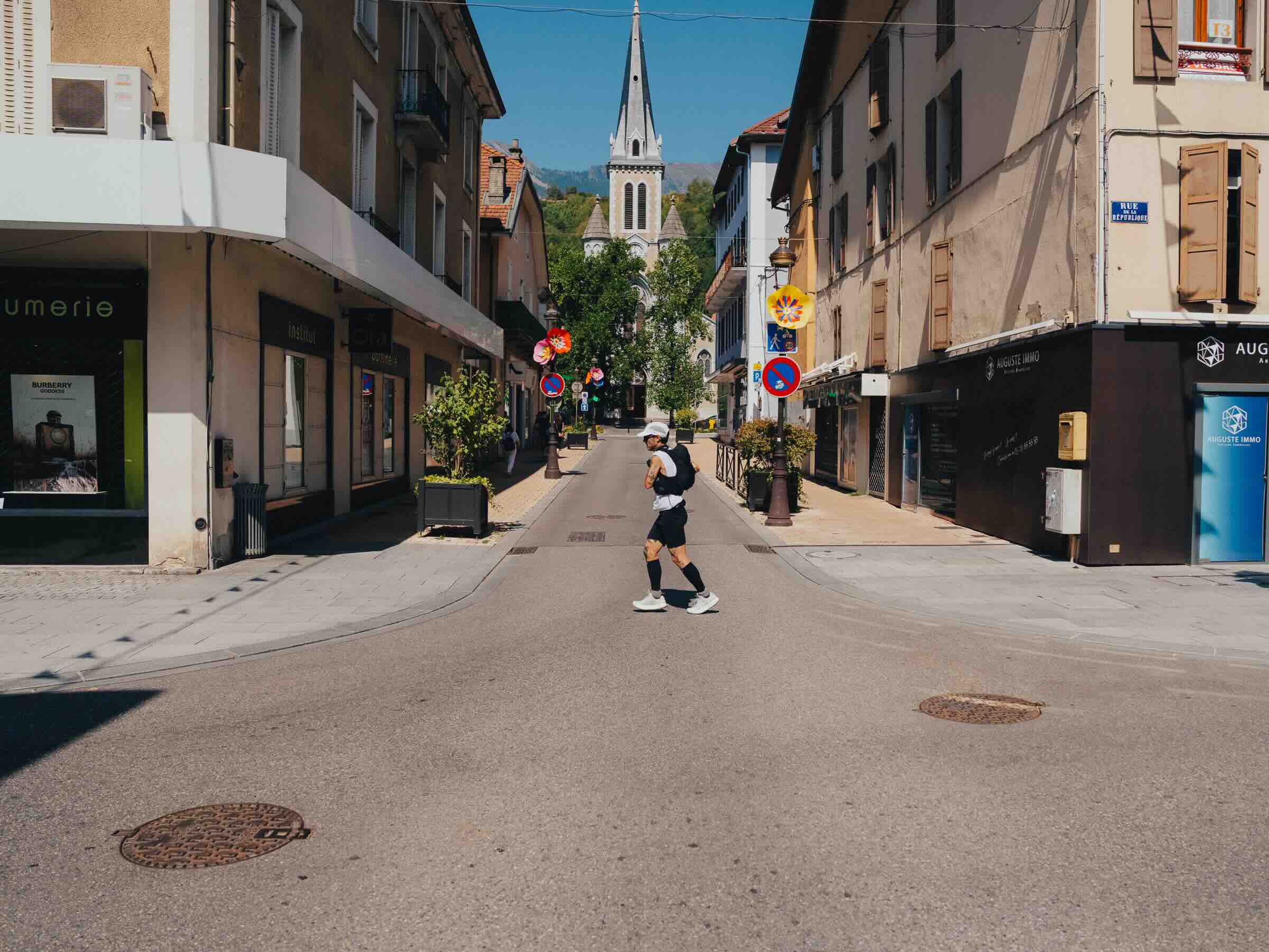 Quiet street with church in background