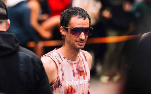 Runner at finish line of major trail race - Kilian Jornet